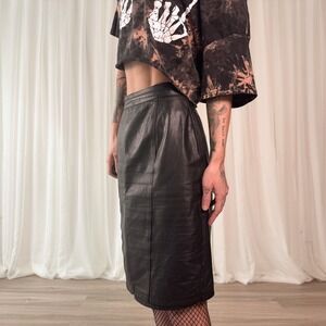 Vintage Leather Pencil Skirt Black Genuine Leather High Waisted 90s Size 6